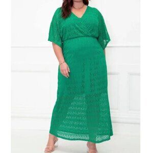 Eloquii Elements green crochet lace maxi dress draped batwing sleeve semi sheer